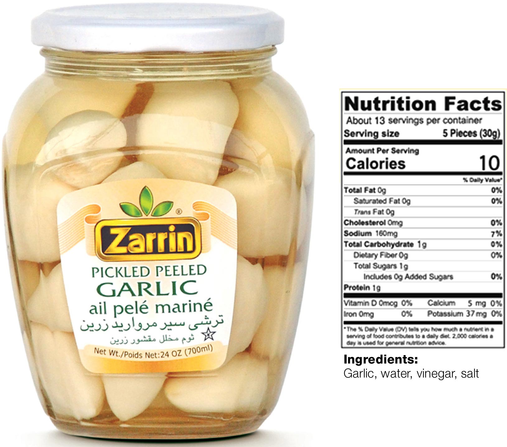 Zarrin Pickled Peeled Garlic In 24oz net weight glass jar.