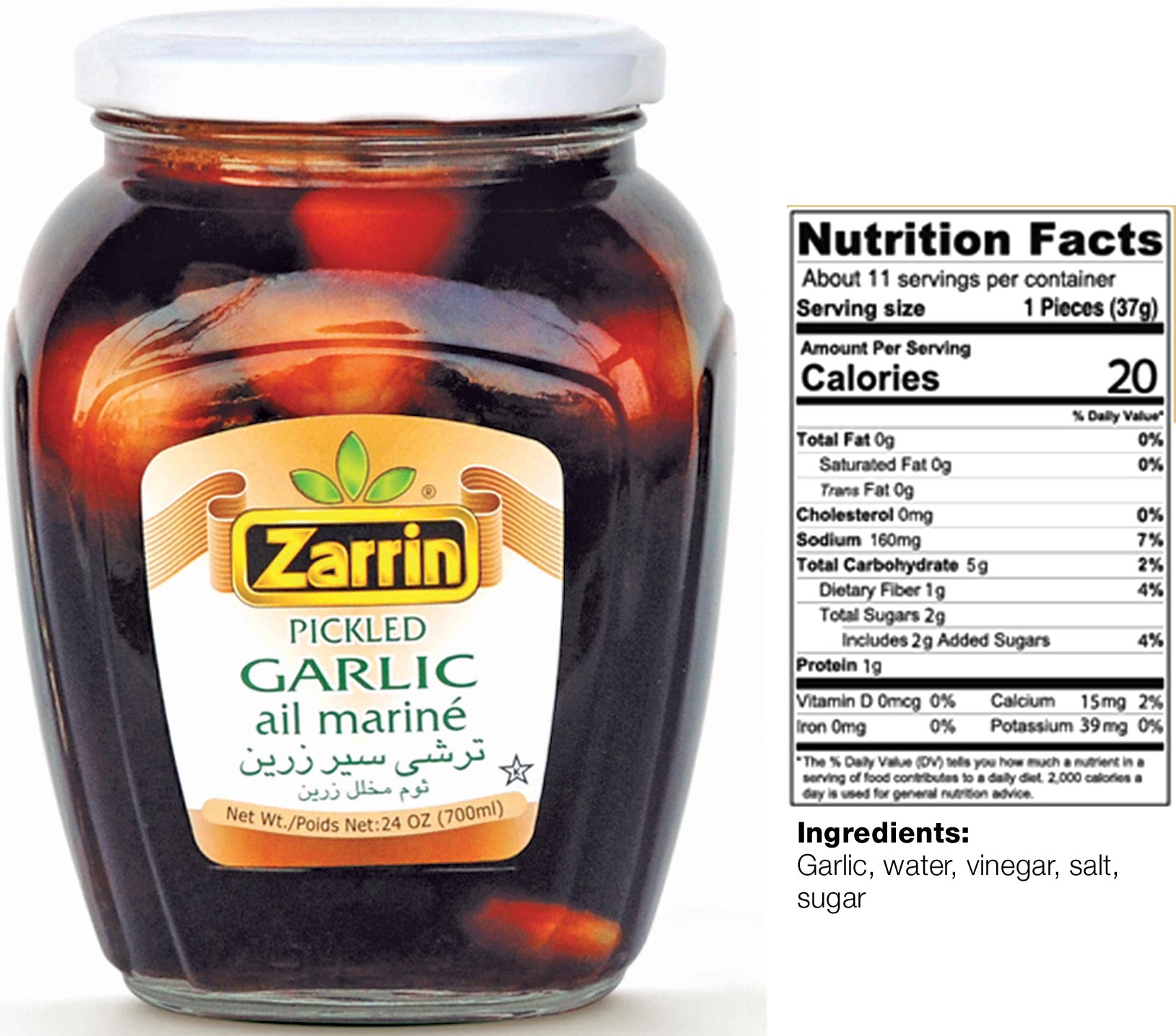 Zarrin pickled bulb garlic in glass jar with net weight 24oz.