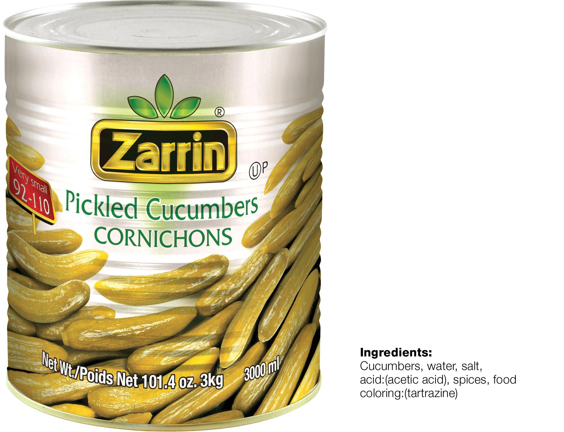 Zarrin pickled cucumbers (cornichons) in can size 92-110.