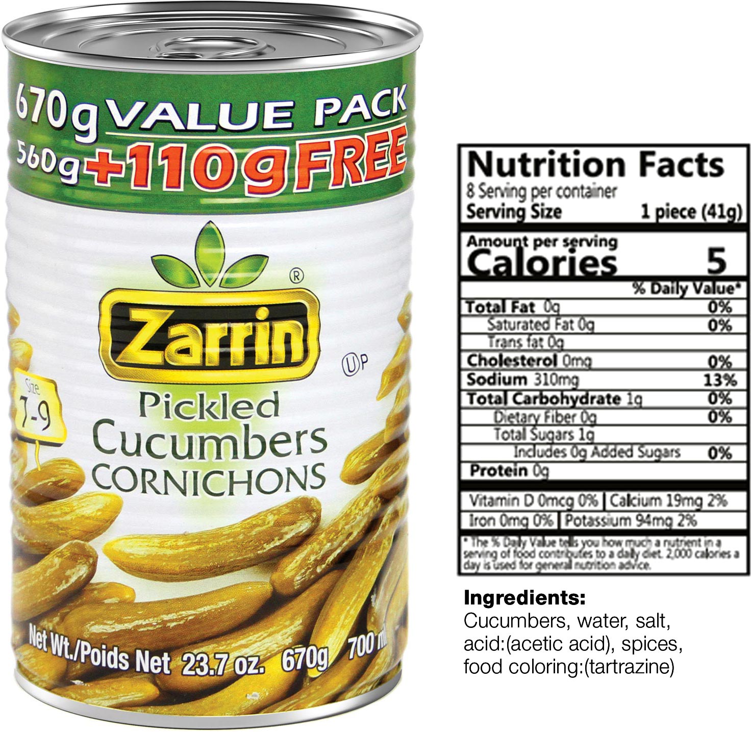 Zarrin pickled cucumbers size 7-9 plus 110g for free.