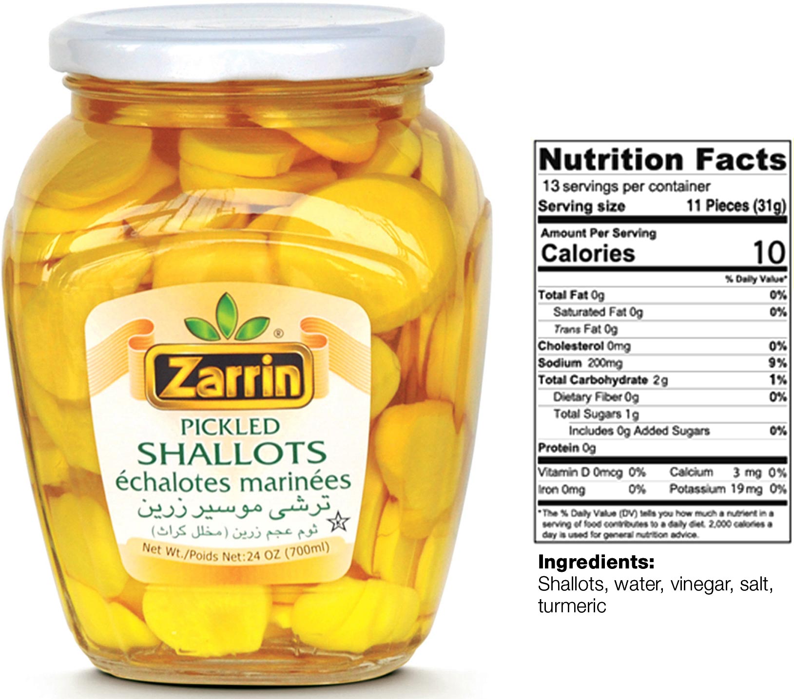 Pickled shallot in glass jar by Zarrin with net weight 24 oz.