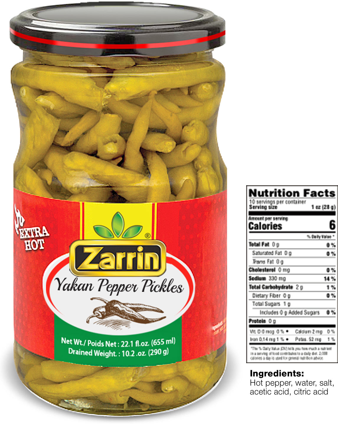 Zarrin hot yakan pepper pickles In 22.1 oz glass jar.
