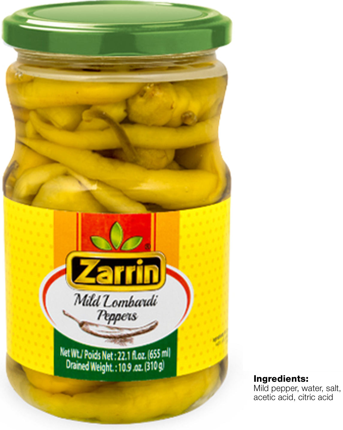 Zarrin mild lombardi peppers in 22.1 oz glass jar.
