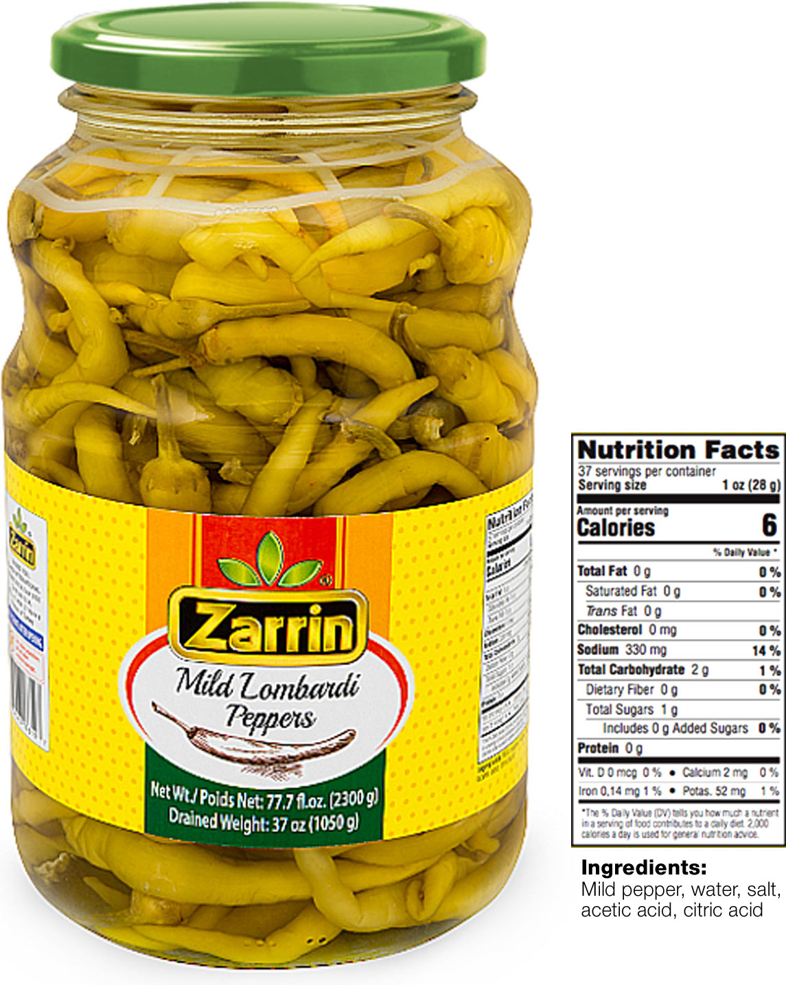 Zarrin mild lombardi peppers in 77.7 oz glass jar.