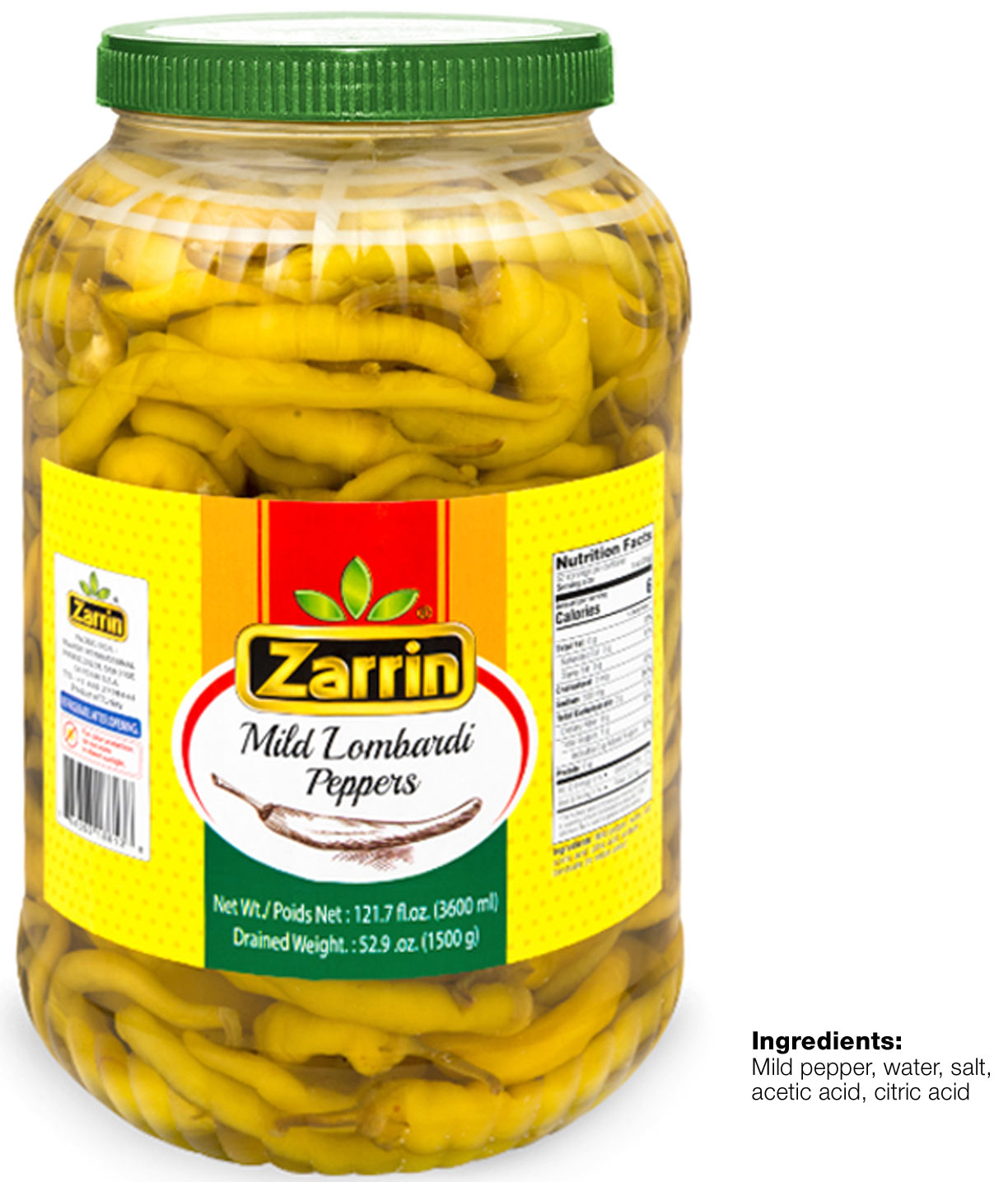 Zarrin mild lombardi peppers in 121.7 oz PET.