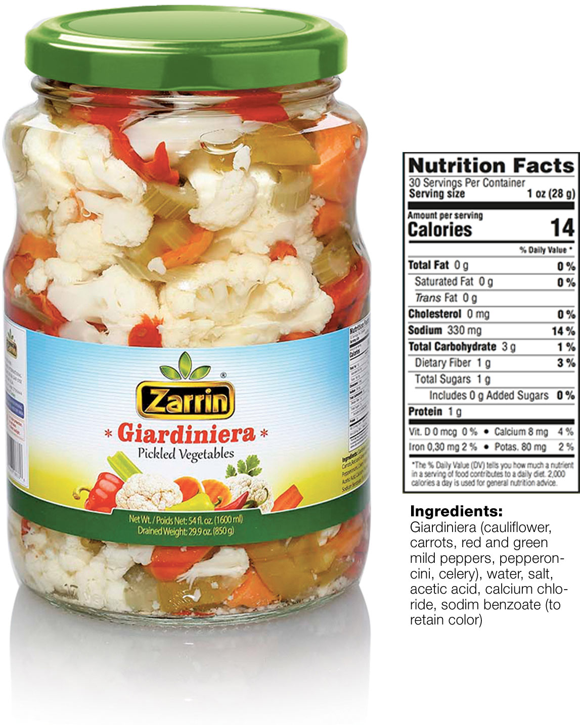 Zarrin giardiniera in 54 oz glass jar.