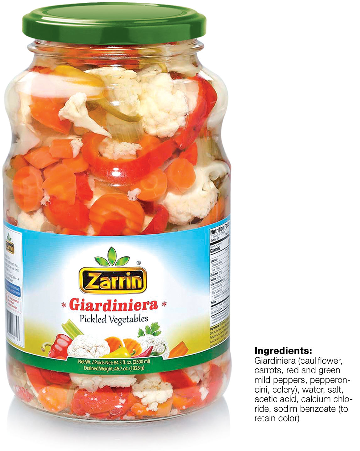 Zarrin giardiniera in 84.5 oz glass jar.