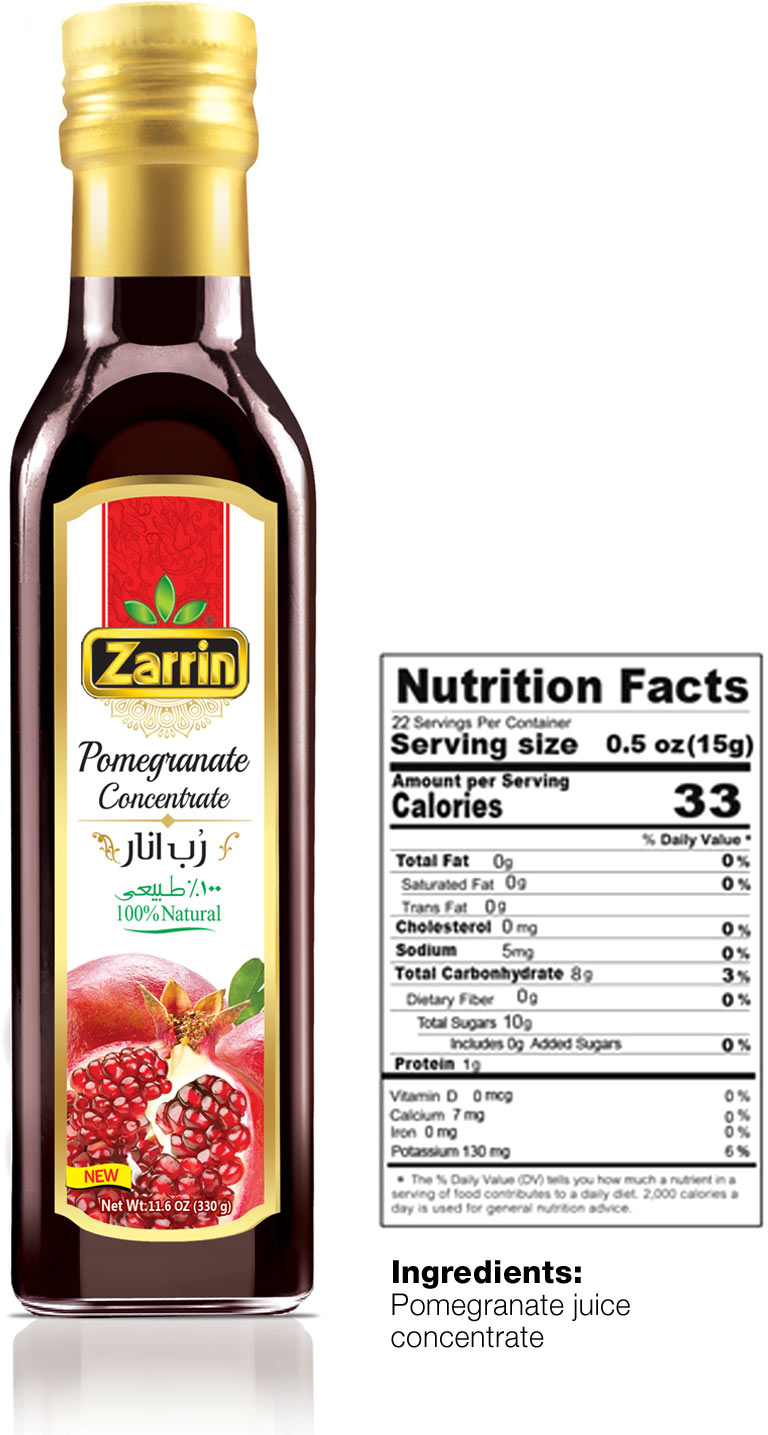 Zarrin pomegranate concentrate in 11.6 oz glass jar.