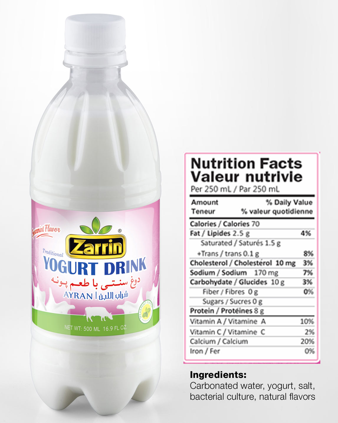 Zarrin spearmint flavor yogurt drink also called ayran.