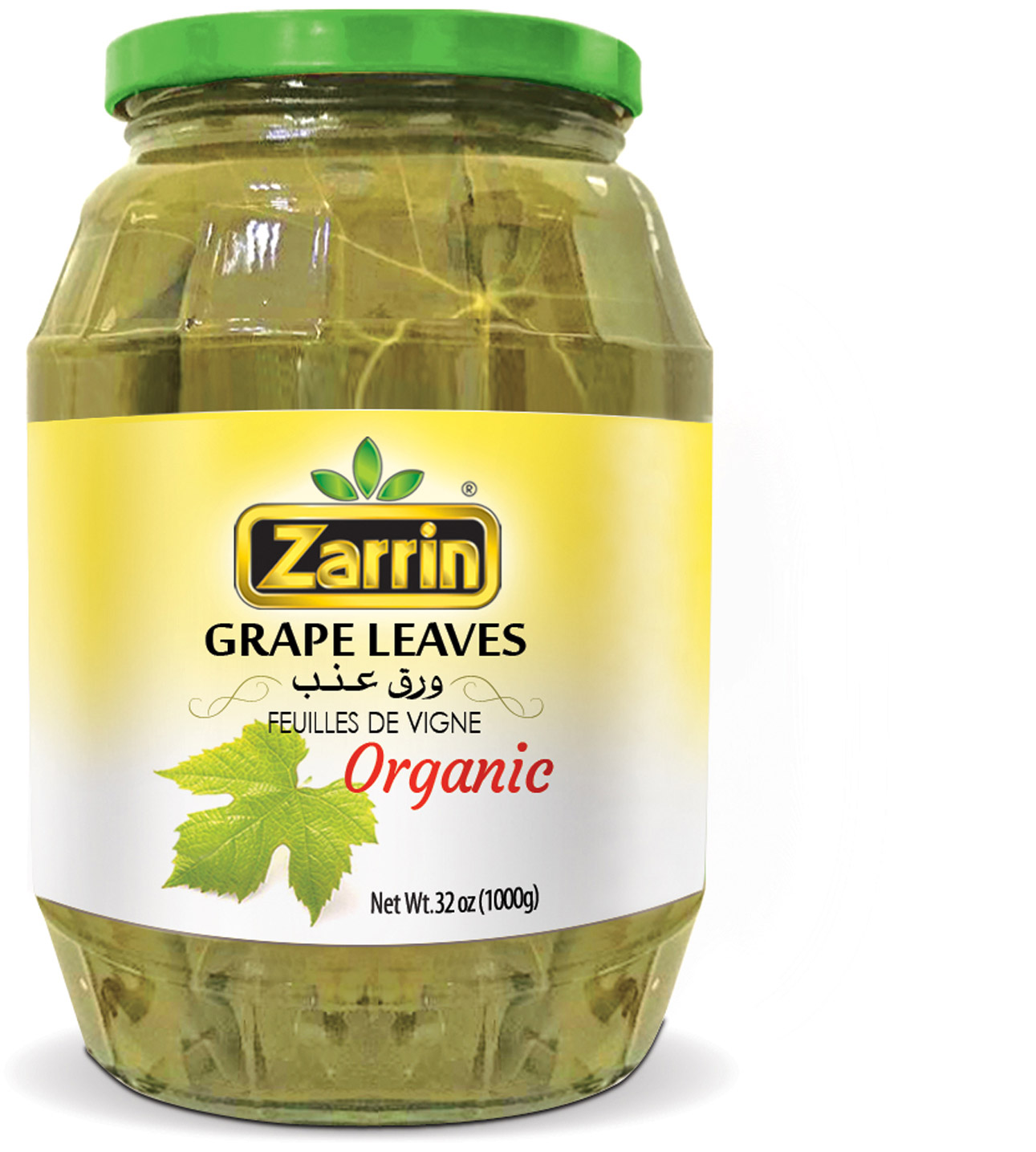 Zarrin organic grape leaves in 32 oz glass jar.