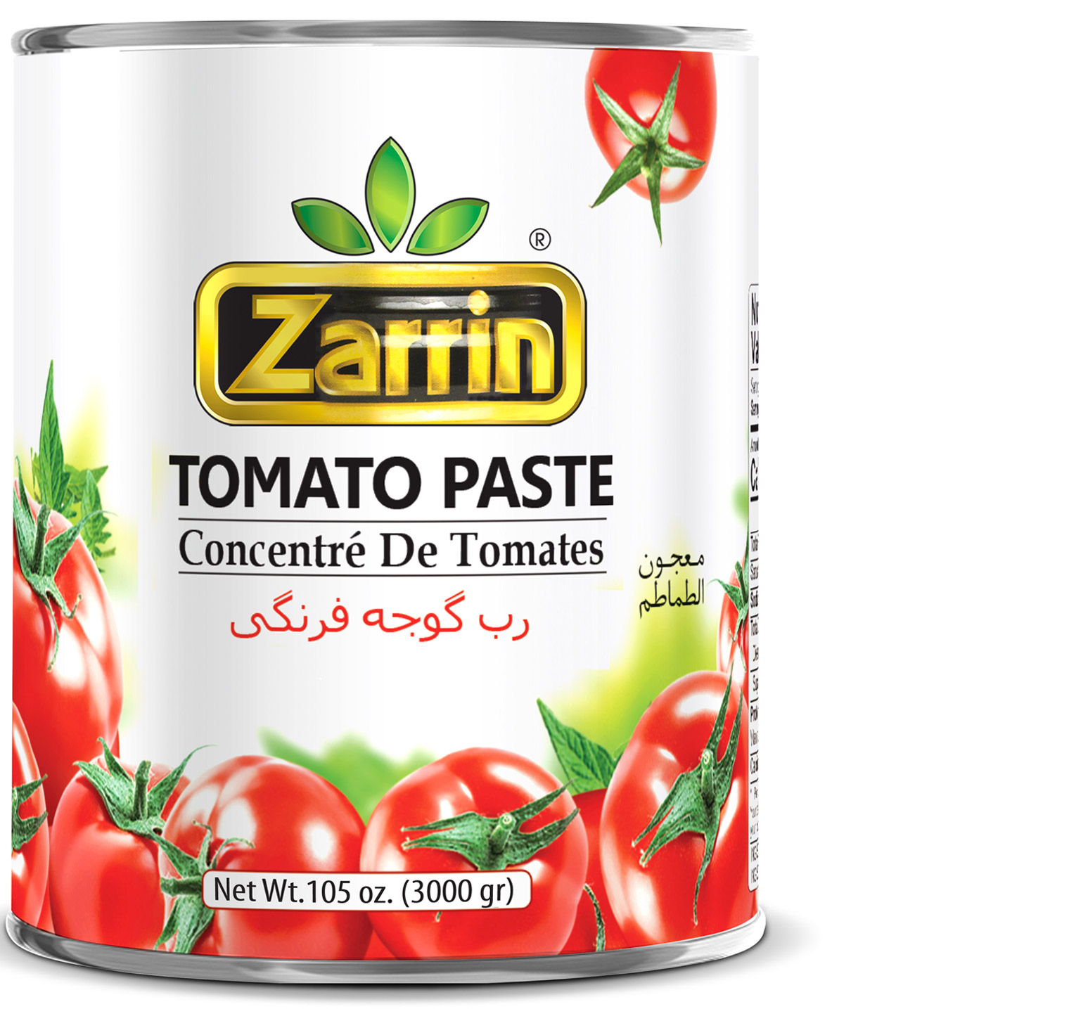Zarrin tomato paste in 105 oz can.