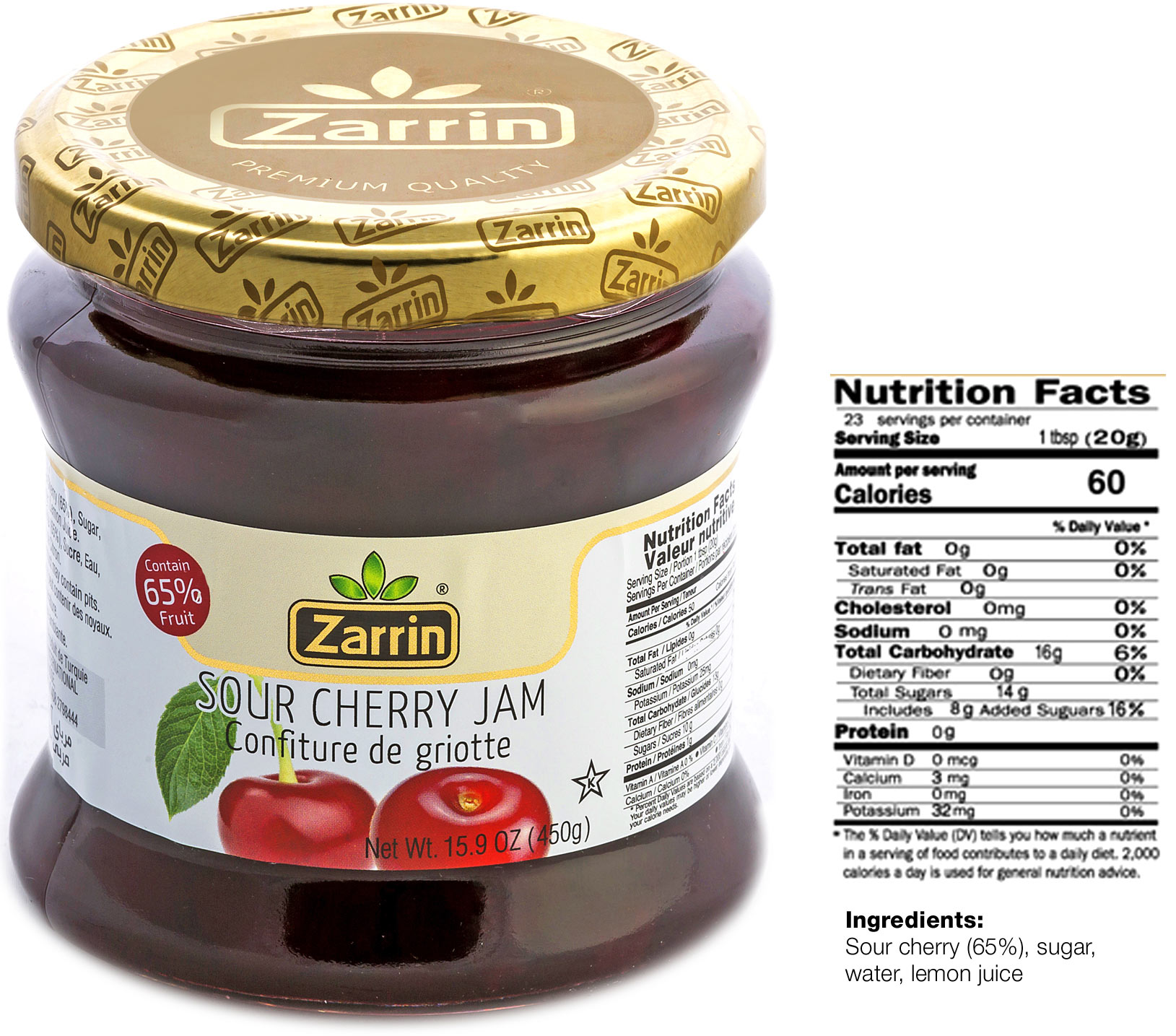 Zarrin sour cherry jam in glass jar with 65% sour cherry ingredient.