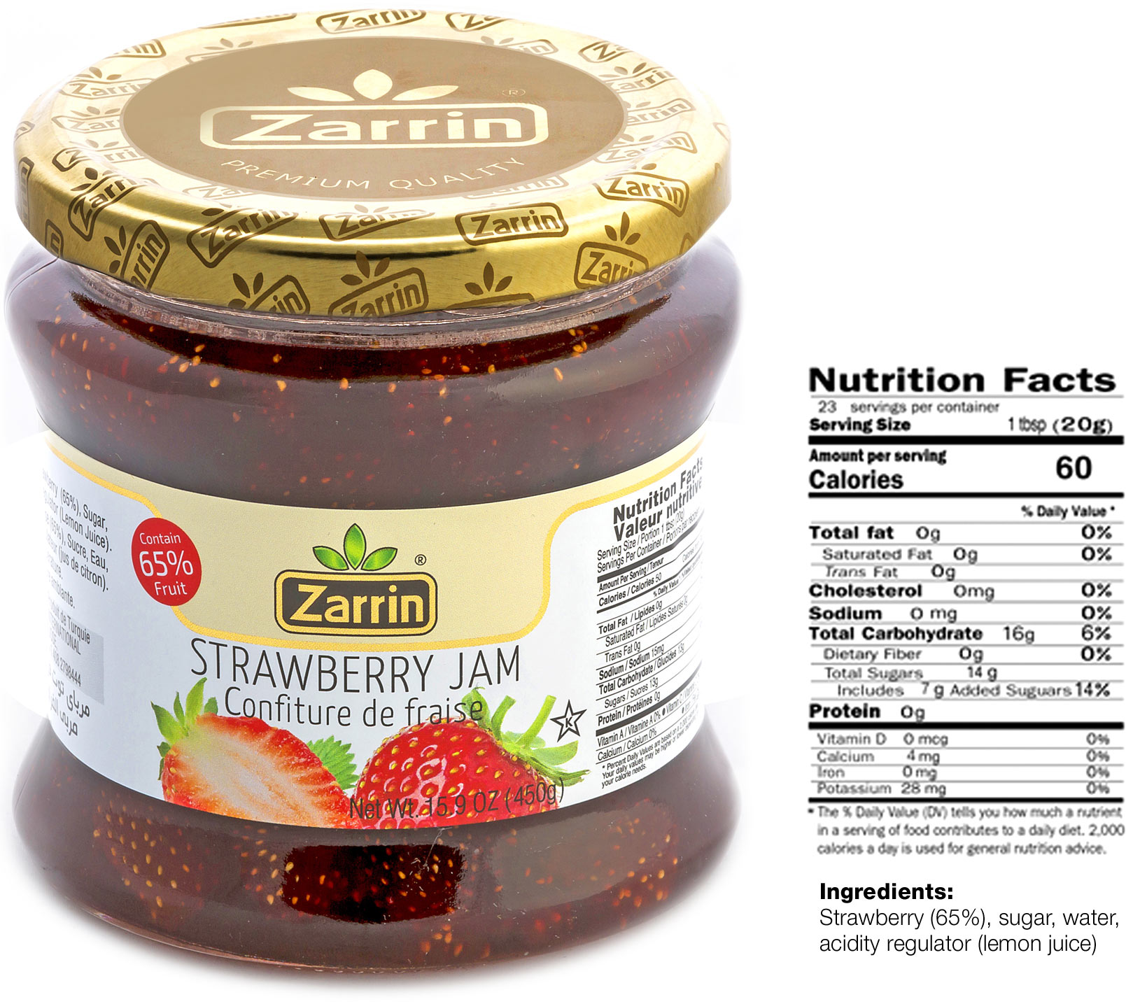 Zarrin strawberry jam in glass jar with 15.9 oz.