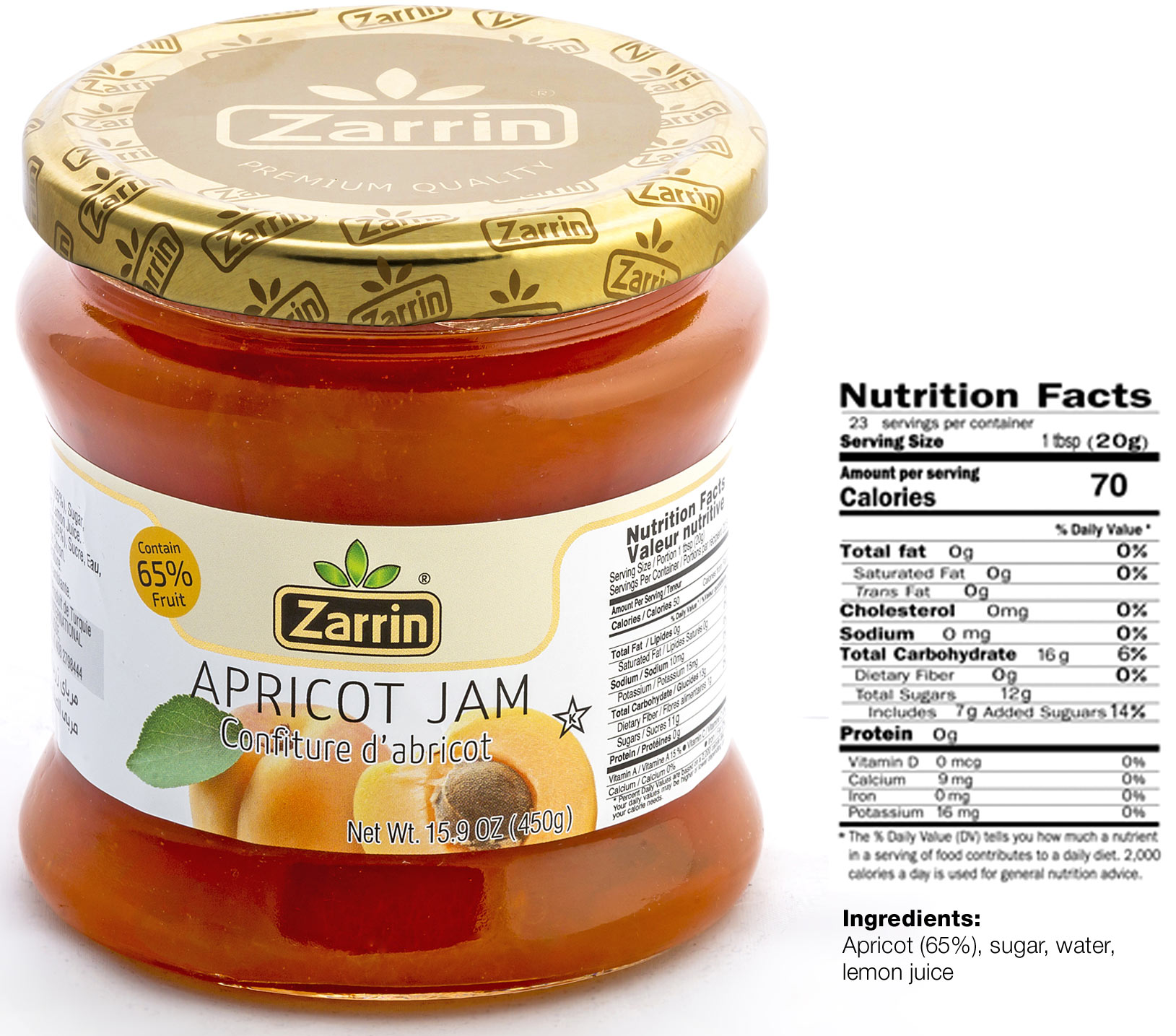 Zarrin apricot jam in 15.9 oz glass jar.