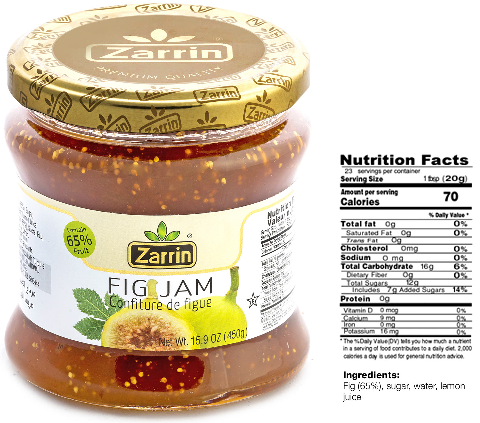Zarrin fig jam in 15.9 oz glass jar.