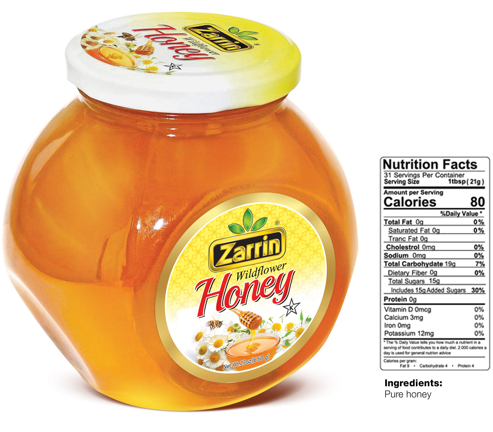 Zarrin wild flower honey in 23 oz glass jar.