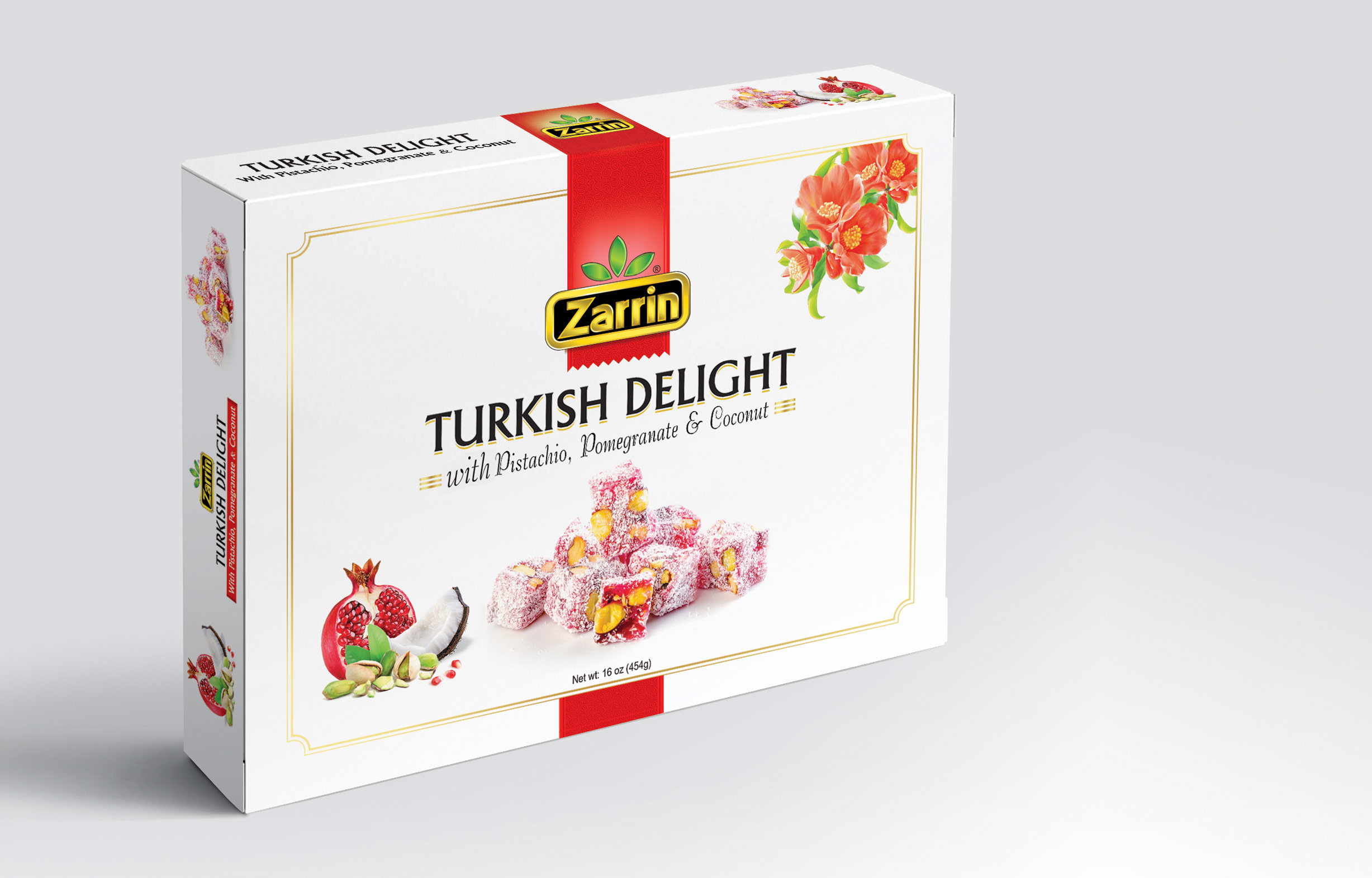 Zarrin Pistachio, Pomegranate & Coconut Turkish Delight 16oz box.
