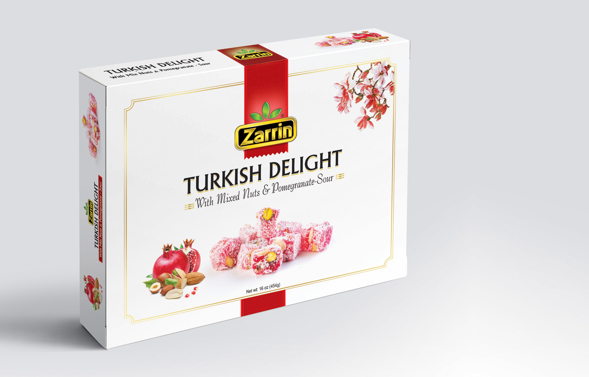 Zarrin Turkish Delight With Mixed Nuts & Pomegranate Sour in 16oz box.