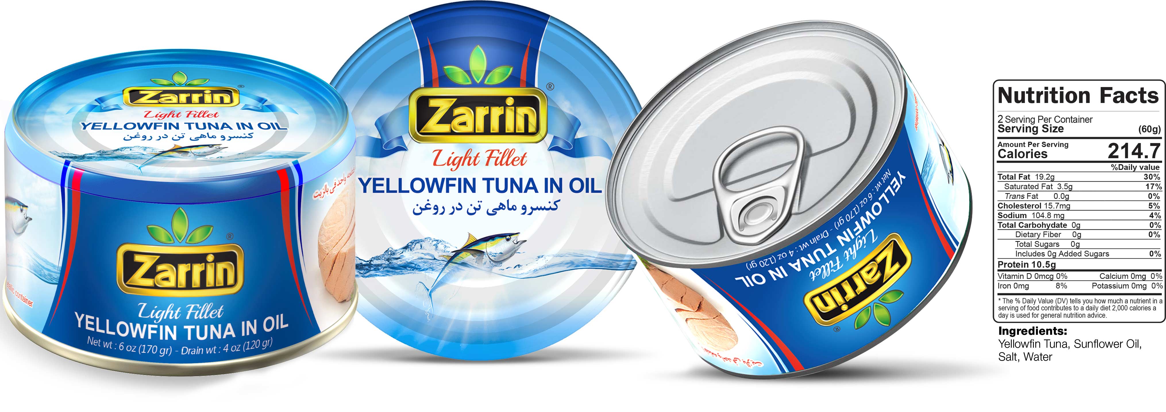 Zarrin yellowfin tuna fish in tin can with net weight 6oz.