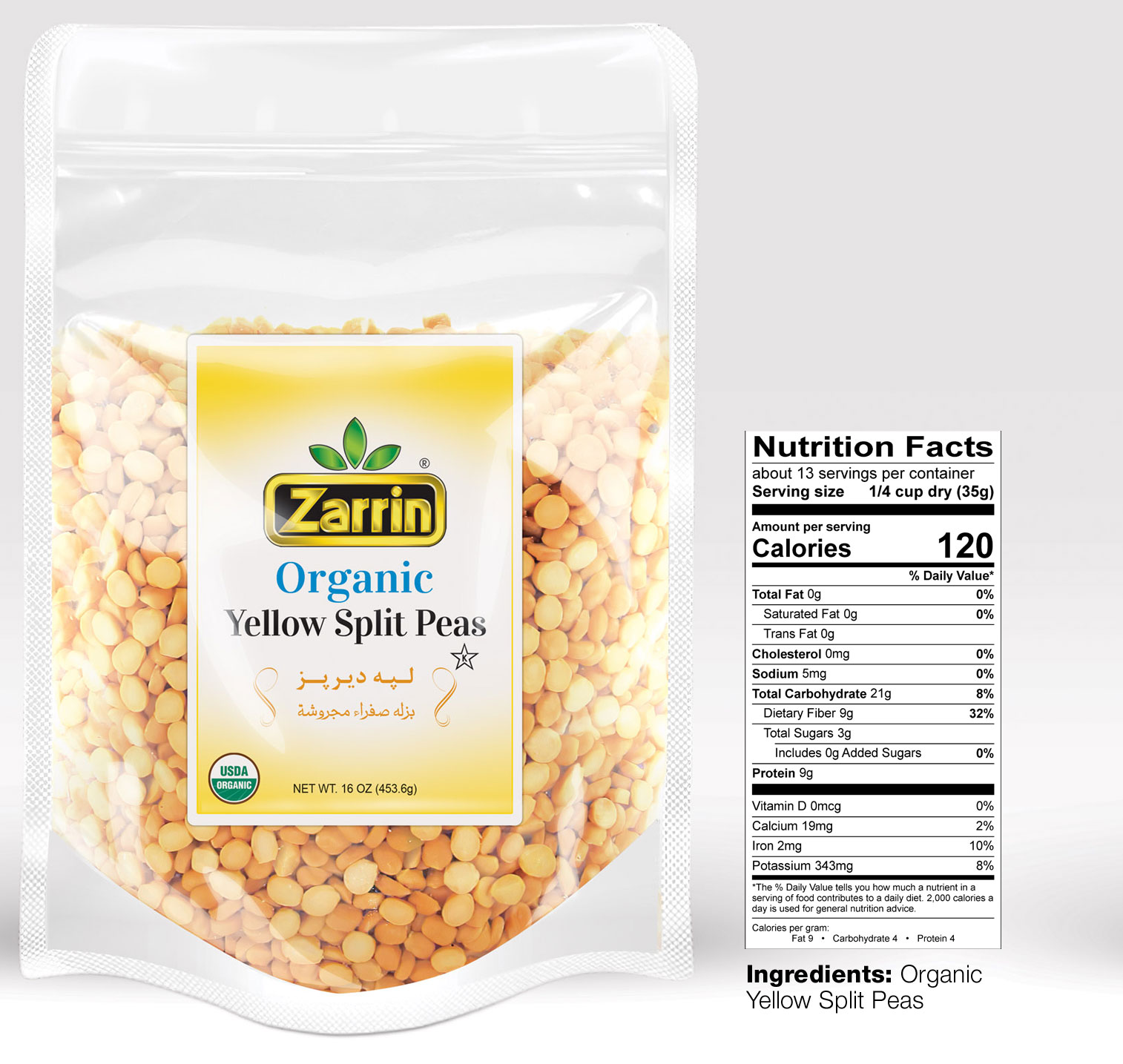 Organic Yellow Split Peas 16oz by Zarrin.