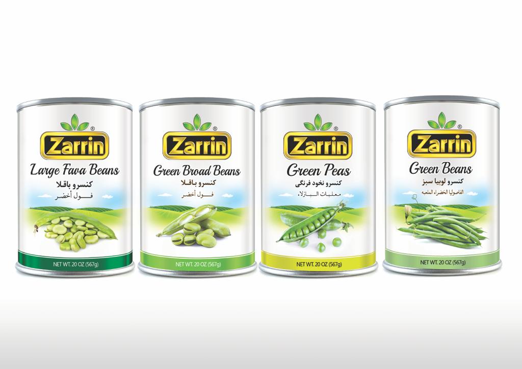 Zarrin lentils, whole kernel corn, black eyed peas, fould mudammas, and peas.