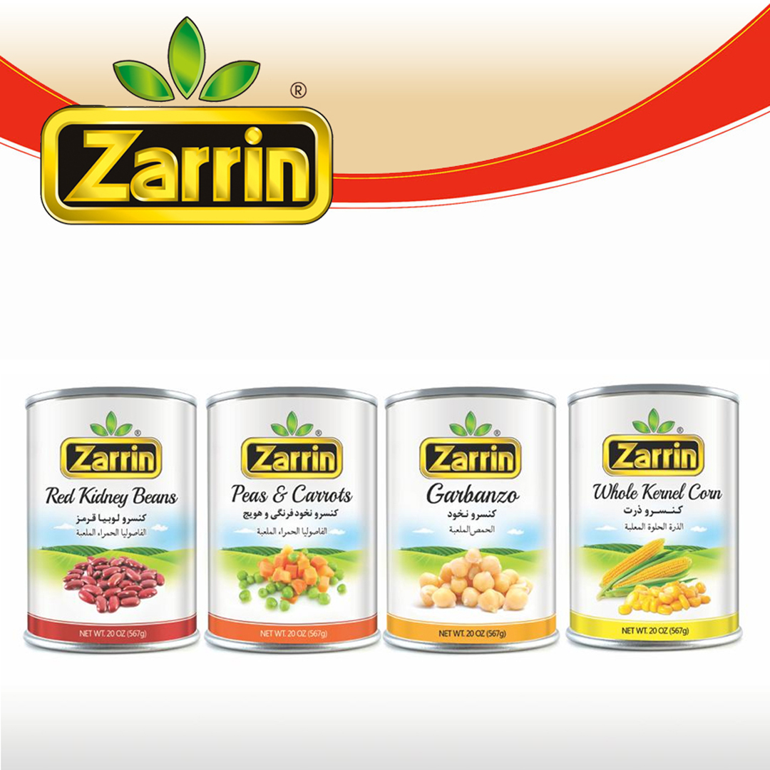 Zarrin canned whole kernel corn, red kidney beans, peas and carrots, chickpeas.