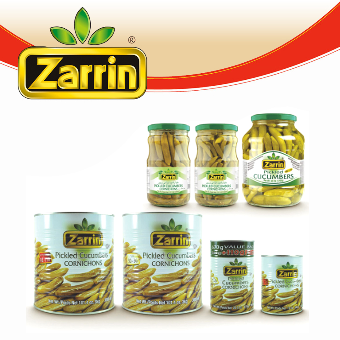 Turkish pickled cucumbers imported by Zarrin. They are available in tin can or in glass jar.